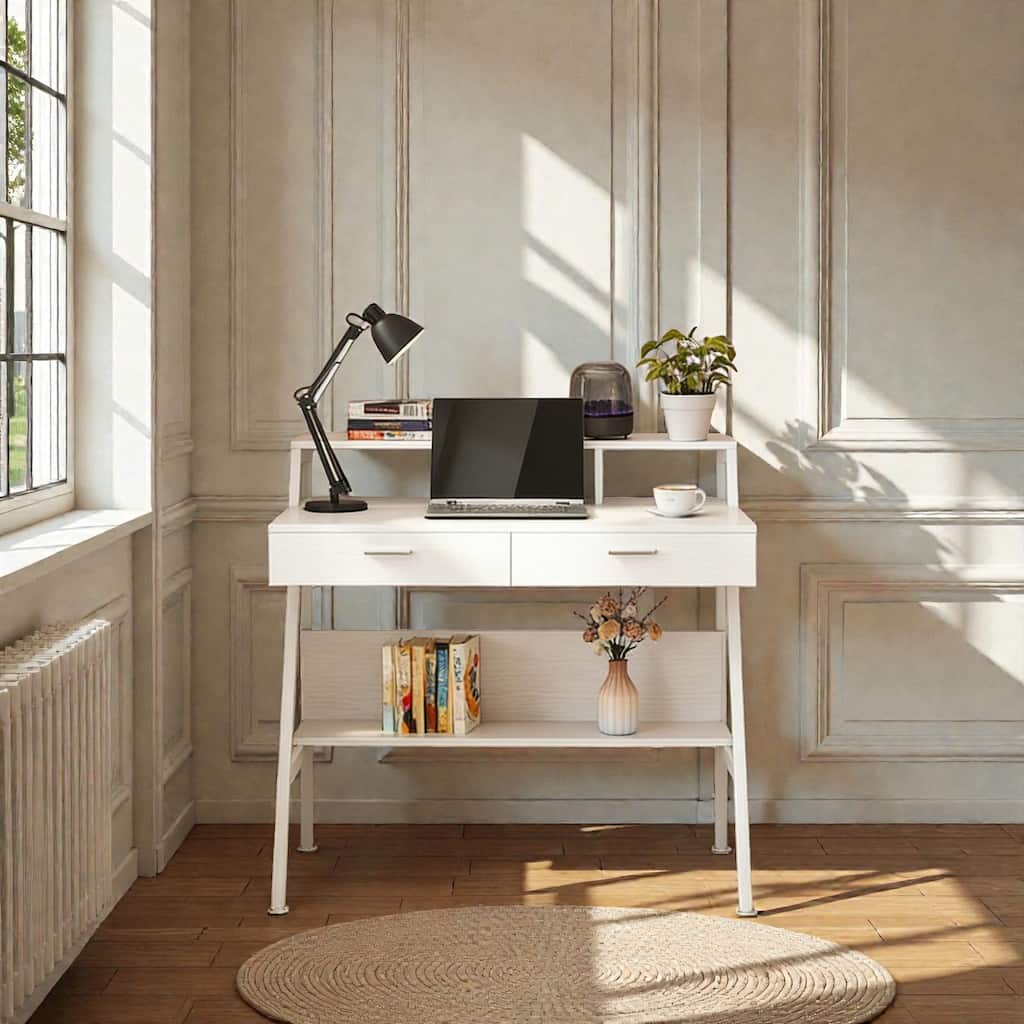 47 Inch Office Desk with Drawers and Storage Shelf, Writing Desk with Monitor Riser for Home Office Bedroom