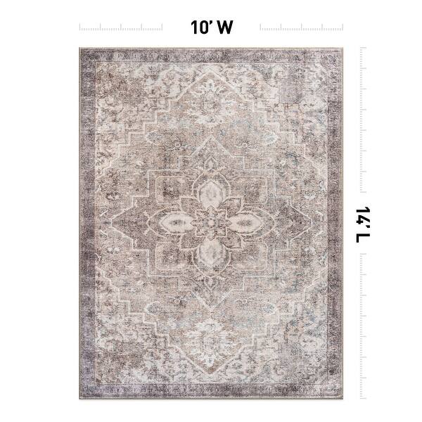 dimension image slide 13 of 17, Floral Medallion Washable Rug – Low Pile, Non-Slip, Ideal for Entryway, Living Room, and Bedroom