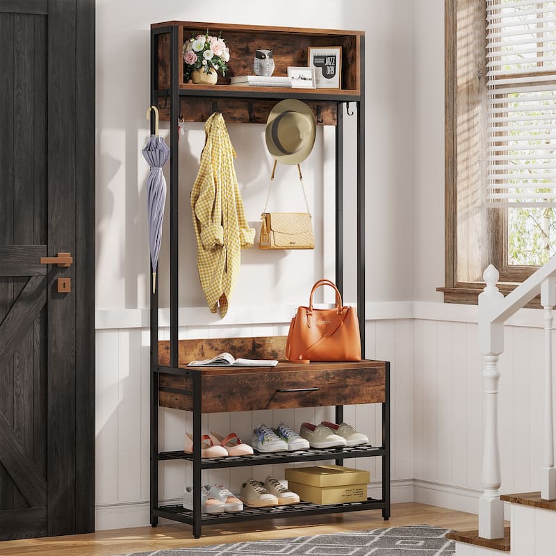 3-in-1 Rustic Brown Industrial Hall Tree with Shoe Bench and Hutch - Rustic Brown