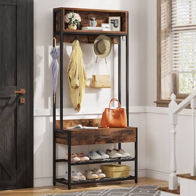 3-in-1 Rustic Brown Industrial Hall Tree with Shoe Bench and Hutch