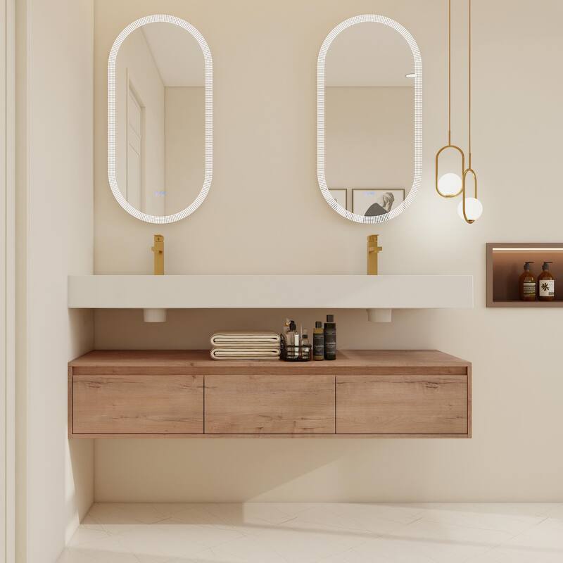 BNK 30/60 inch Floating Single/Double Sink Bathroom Vanity with Soft Close Drawer - 60''W - Imitative Oak-60''Sink