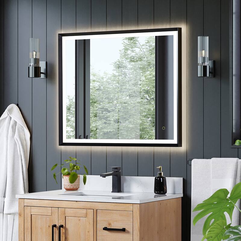 Apollo Rectangular Anti-Fog Dimmable Modern Bathroom/Vanity LED Lighted Wall Mirror in Matte Black Aluminum Framed
