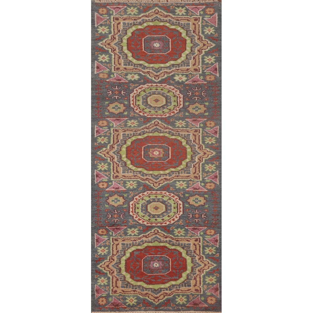Geometric Grey Kazak Runner Rug Hand-Knotted Wool Carpet - 2'6"x 7'9"