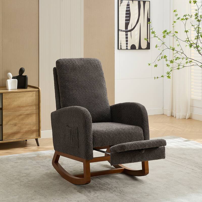 Charcoal Modern 25.4" High Back Boucle Rocking Chair with Retractable Footrest and Rubber Wood Legs