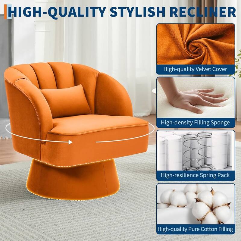 Velvet Upholstered 360° Swivel Accent Chair, Barrel Lounge Chair for Living, Bedroom Reading Nook