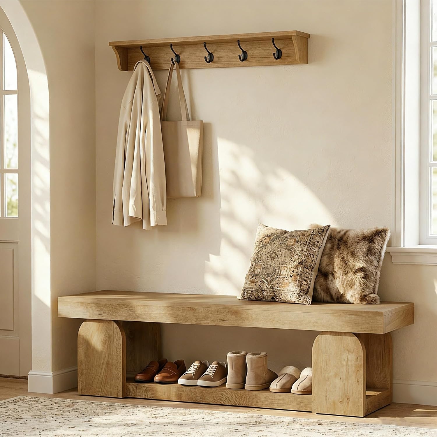 63-Inch Farmhouse Long Indoor End of Bed Entryway Shoe Bench Seat with Storage Shelf
