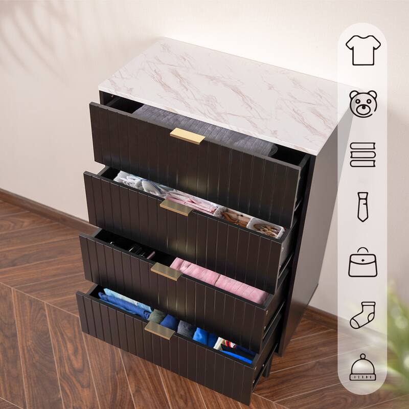 4 Drawers Dresser & 2 Nightstands Set Imitation Marble Top Gold Handles