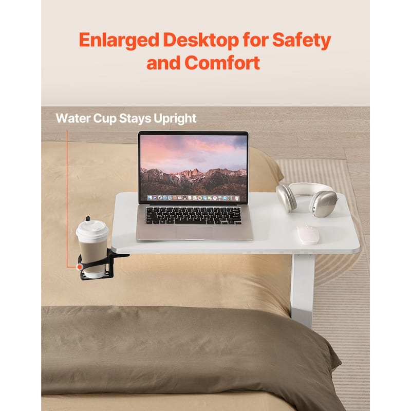 White Wood Hydraulic Adjustable Overbed Table with Tilting Top and Cup Holder