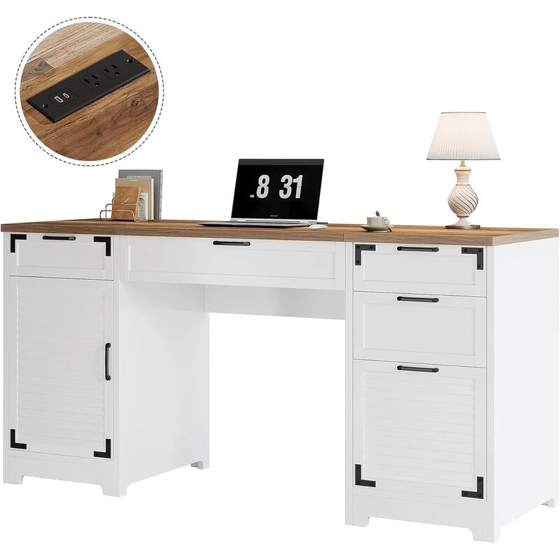 59-Inch Farmhouse Computer Office Desk with Drawer Cabinet and Charging Station - White and Brown