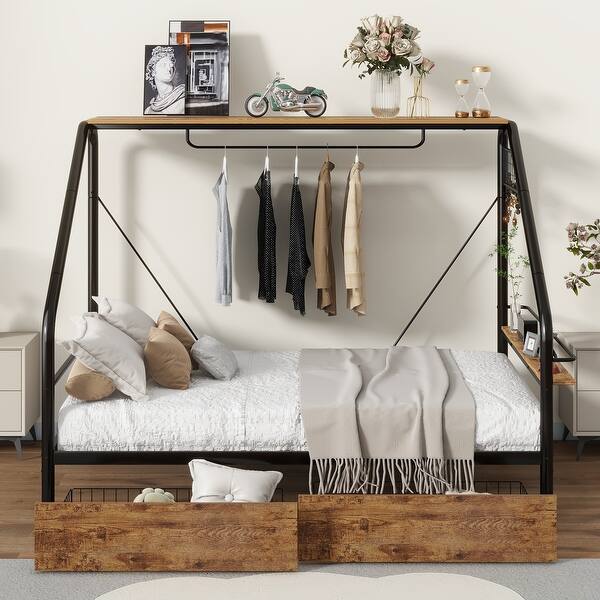 slide 2 of 22, Metal Frame Platform Bed With Clothes Rack, Storage Shelves And 2 Drawers Full