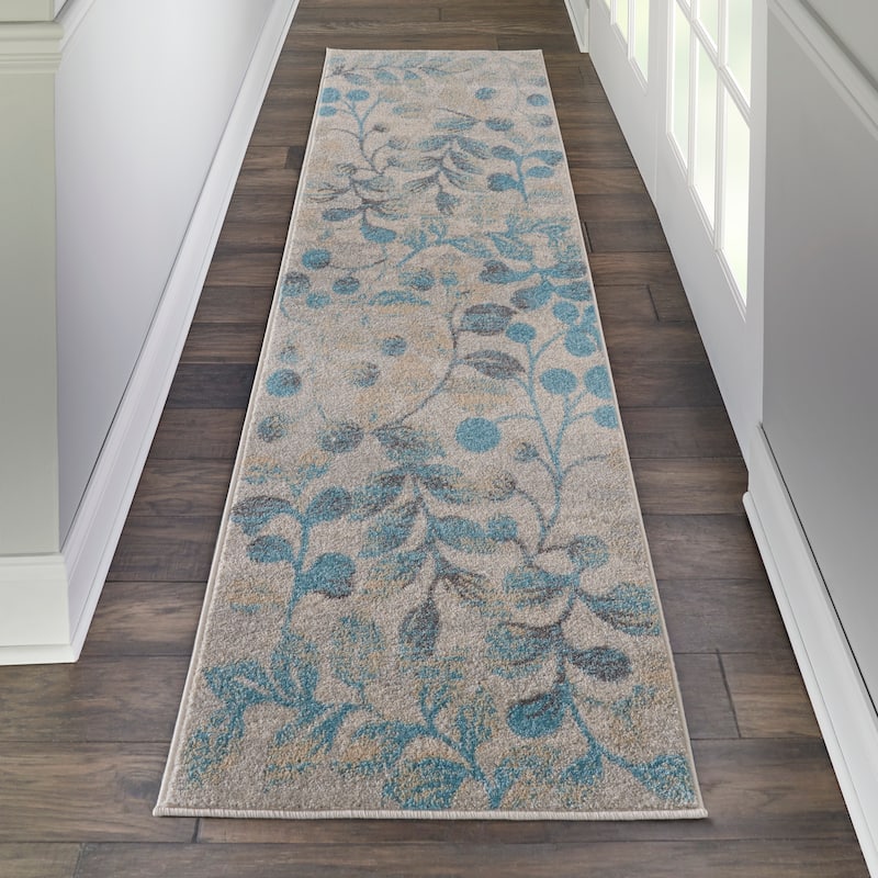 Nourison Tranquil Abstract Floral Leaves Botanical Area Rug - 2'3" x 7'3" Runner - Aqua - Rectangle