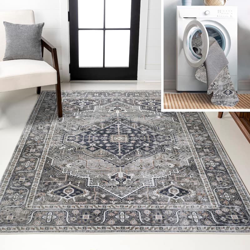 JONATHAN Y Kemer Ogee Medallion Machine Washable Area Rug - 4 X 6 - Dark Gray/Light Gray