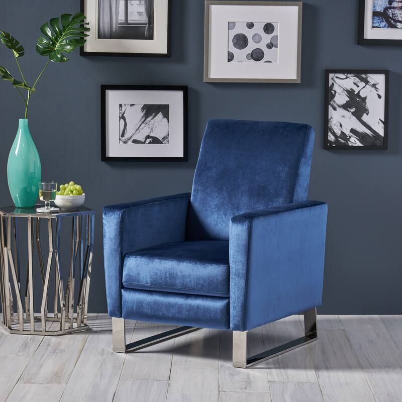 Modern Velvet Upholstered Push-Back Recliner with Footrest and Stainless Steel Legs - Blue