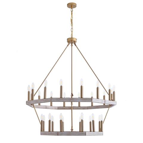 Brushed Gold 28-Light Candle Style Chandelier 2-Tier Wagon Wheel Pendant Light Modern Industrial Ceiling Light