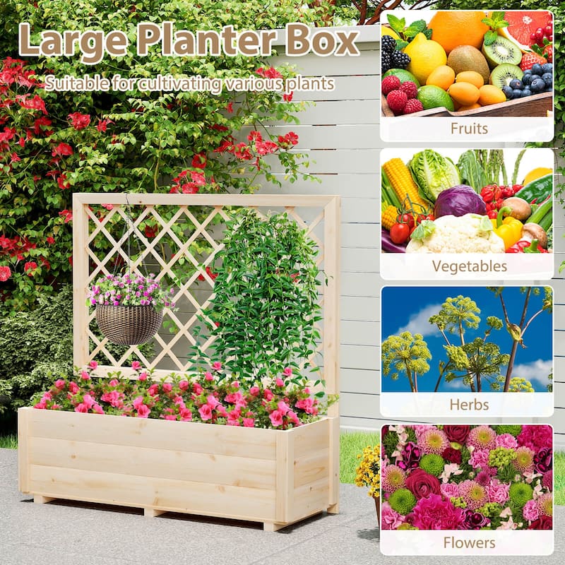 Costway 1/2 PCS 40" Wooden Raised Garden Bed with Lattice Trellis for - Natural