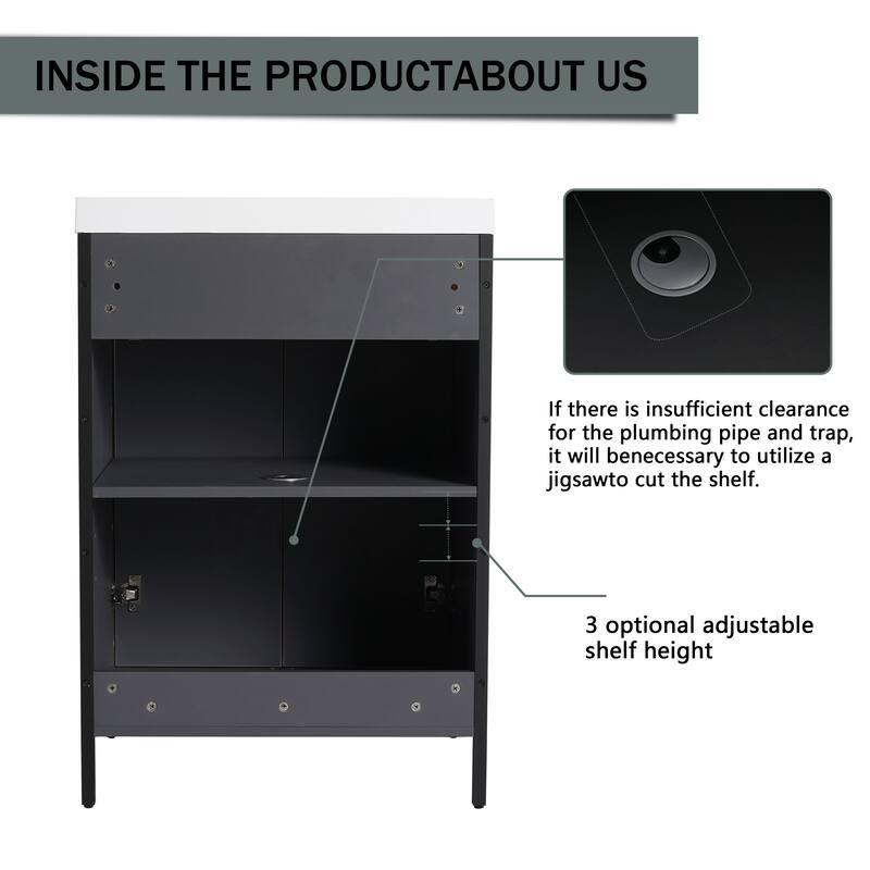 36" Freestanding Bathroom Vanity with Ceramic Sink, 2 Doors and 2 Drawers, Modern Grey Finish,8" Faucet Mount