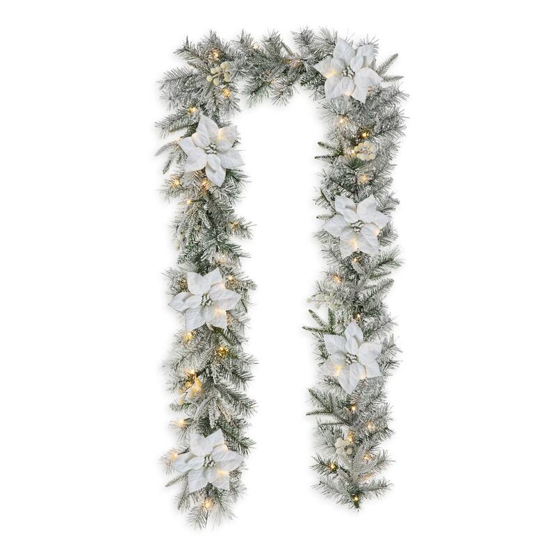 Glitzhome Pre-Lit Snow Flocked Christmas Wreath or Garland With LED and Timer - 9ft Garland