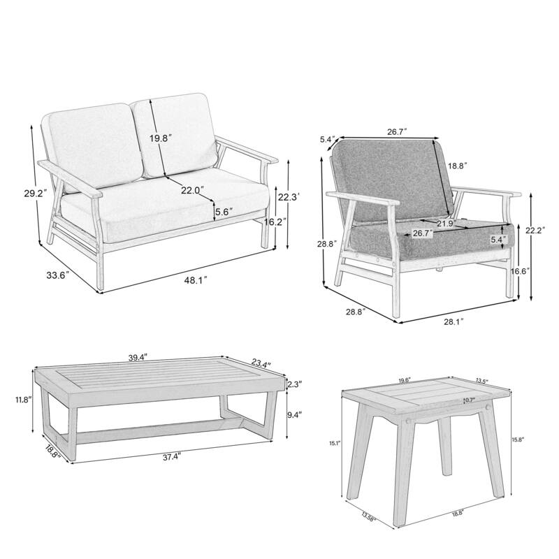 4-Piece Teak Outdoor Conversation Set With 2 Loveseats, Coffee Table & Side Table