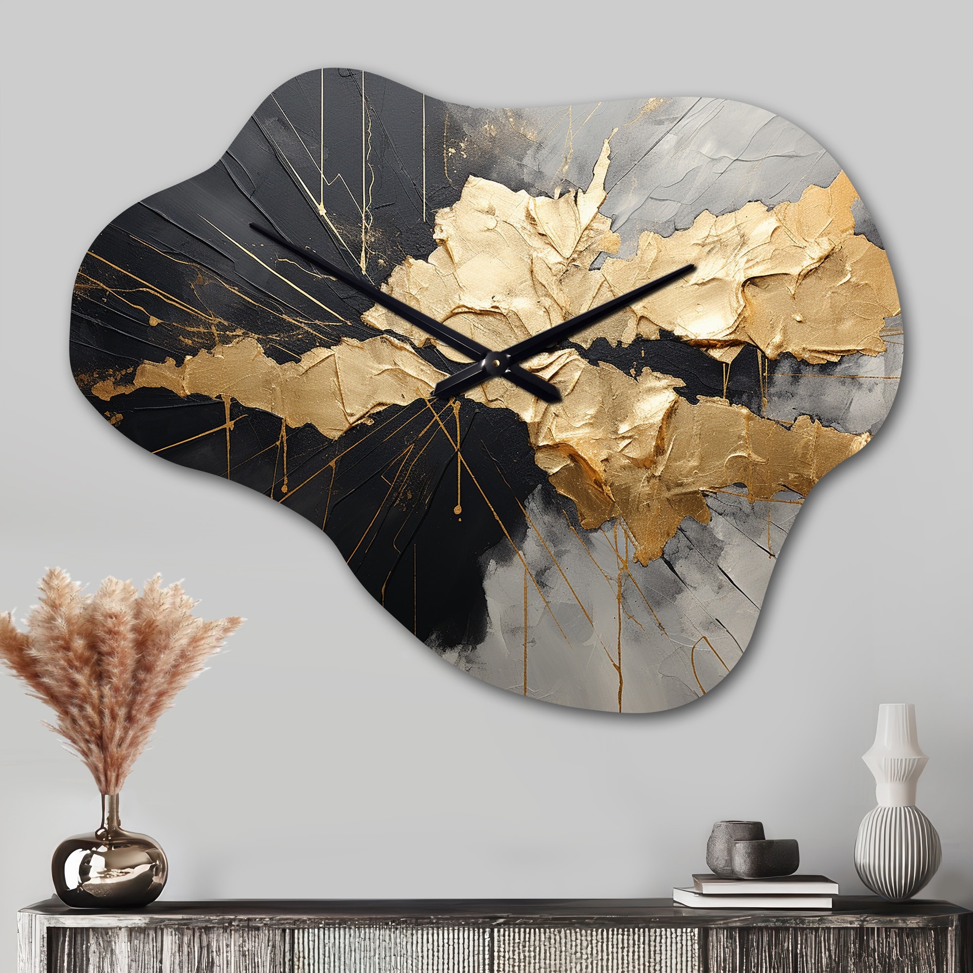 Designart - Black And Gold Abstract Meditation I - Abstract Painting Wall Clocks in Cloud Shape - Modern Wall Clock