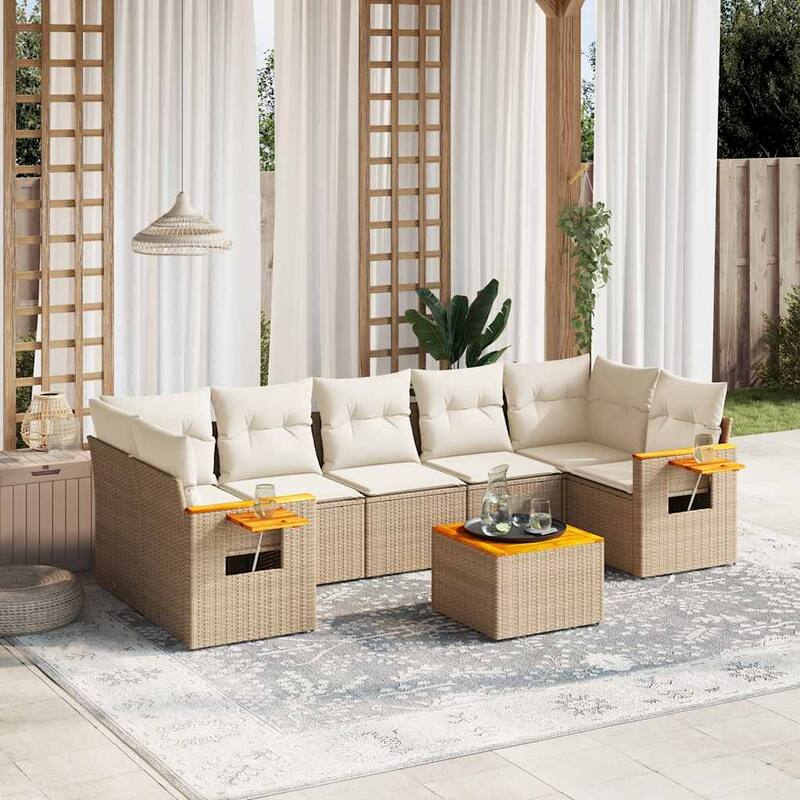 vidaXL Patio Sofa Set with Cushions Outdoor Furniture 8 Piece Poly Rattan - 21.7 x 21.7 x 14.6 in - Beige and cream