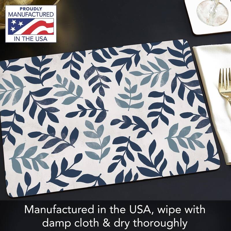Blue Leaf Floral Decorative Hardboard Placemats with Protective Cork Backing 4 Pack Heat Tolerant and Easily Wipes Clean