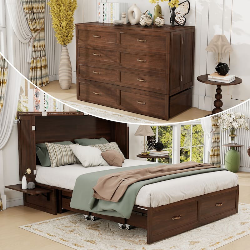 Solid Wood Murphy Bed Full Size with Storage | Space Saving Walnut Cabinet Bed with Easy Pull-Out Mechanism for Bedroom - Tan