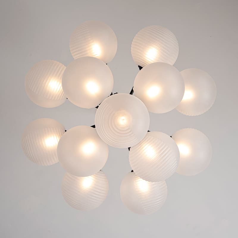 Modern Mid-century Brass Frosted Ribbed Glass Glass Bubble Chandelier