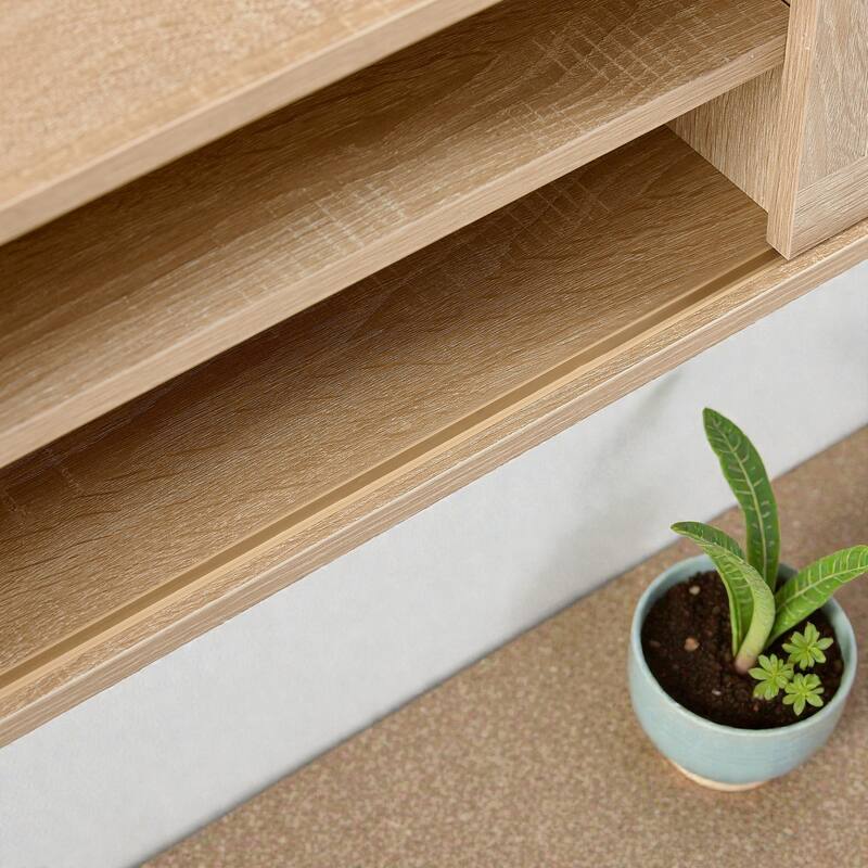 55" Rattan TV Stand with Sliding Doors, Mid Century Media Console with Adjustable Shelf & Solid Wood Legs for Living Room