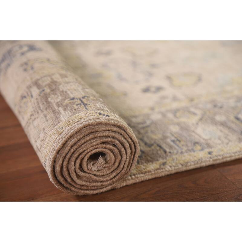 Hand Knotted Oriental 100% Wool Carpet Transitional Geometric Beige & Ivories Oushak Runner Rug - 9' 8'' X 2' 8''