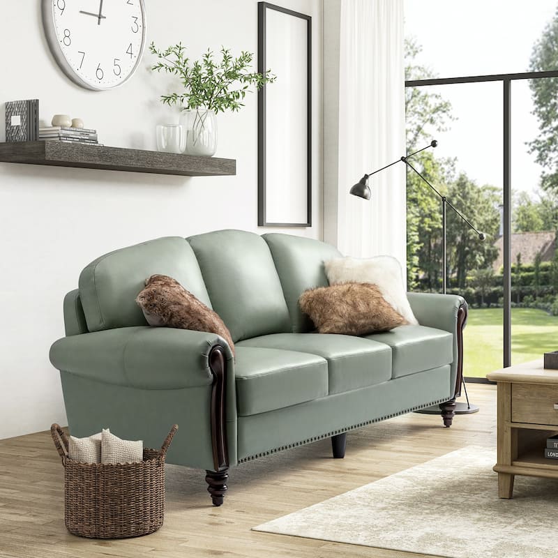 Eduard 84" Traditional Genuine Leather Sofa with Carved Wood Legs by HULALA HOME
