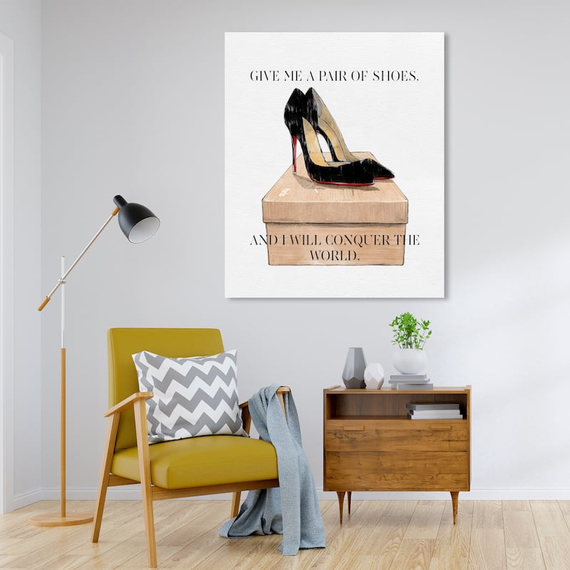 Wynwood Studio Canvas Fashion and Glam Conquer The World Simple 16x20 Black and Beige Glam Wall Art Canvas Print - 30 x 30