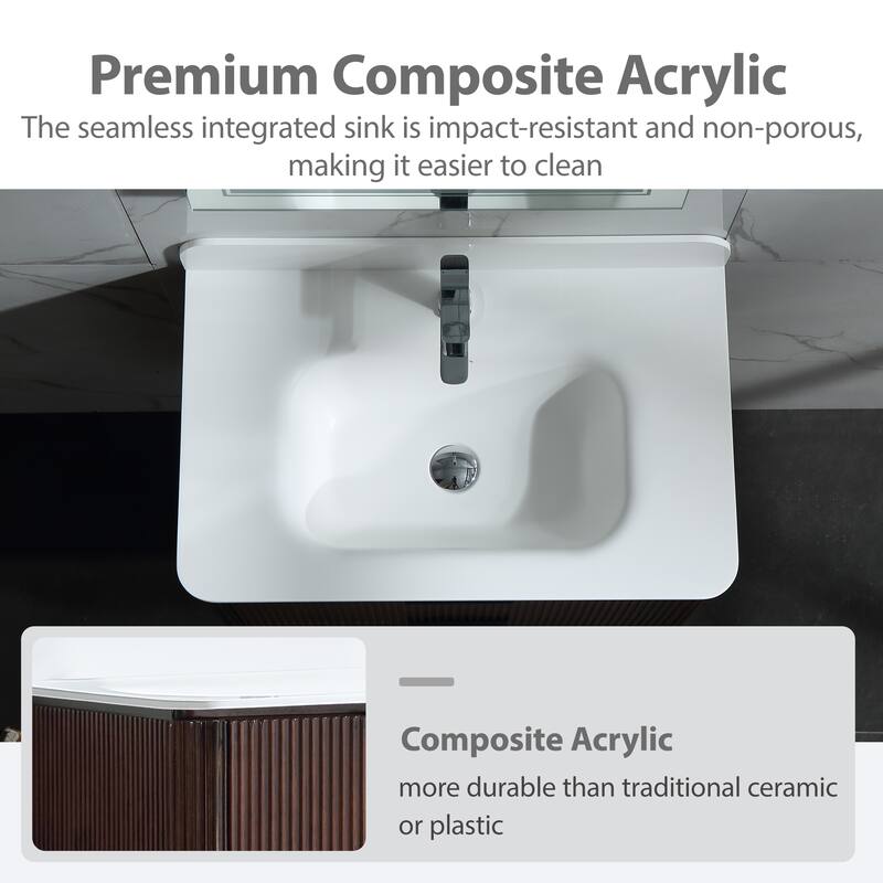 Modland Fluted Floating Vanity with Sink, Plywood Wall Mount Cabinet, Curved Edge, 24/30/36 Inch