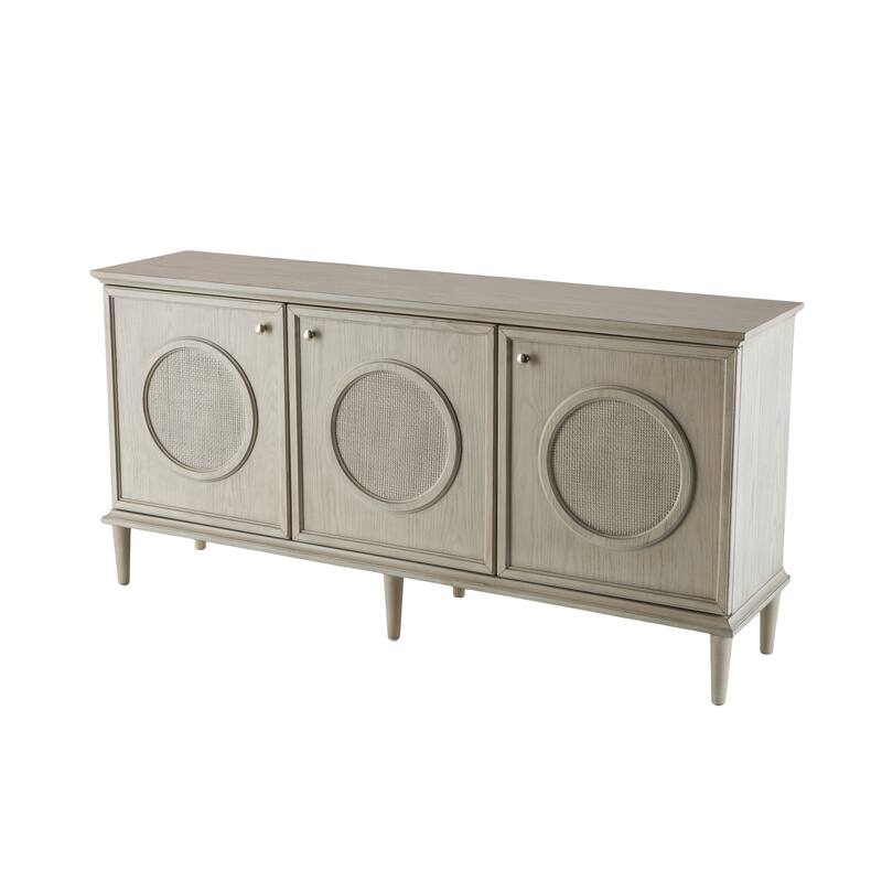Wooden Washed Circular Woven Rattan 3 Door Sideboard with Round Silver Knobs - Light Gray - Roche River Decor