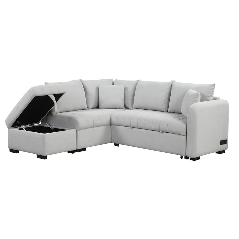 82.6" L-Shaped 5 Seater Sectional Sleeper Sofa with Pull-Out Bed, Storage Ottoman, USB Ports, and Power Sockets