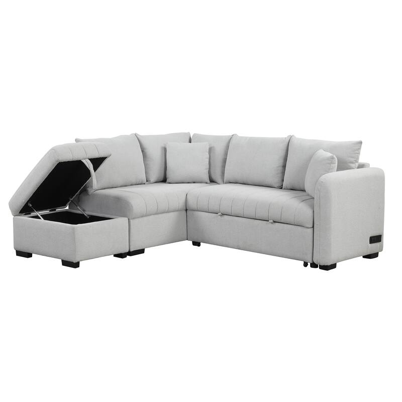 L-Shaped Sectional Sofa with Pull Out Sofa Bed & Storage Ottoman, Convertible Sleeper Sofa with USB Ports & Power Sockets