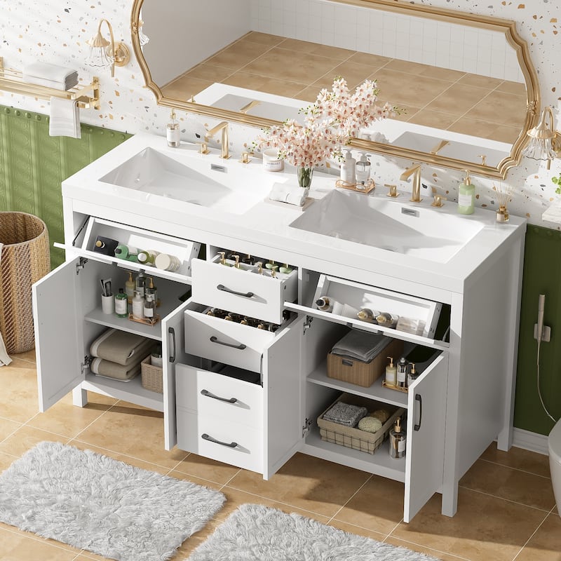 59.3"Bathroom Vanity with Solid Wood Frame, Double SMC Sink, Damping Hinges & Hidden Slides, 4 Doors, 3 Drawers, 2 Flip Drawers
