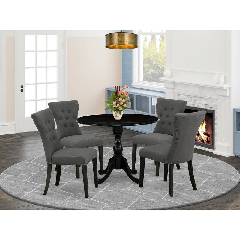 5 Piece Dining Set - Linen Fabric Chairs & Drop Leaf Table - Dark Grey & Black Finish