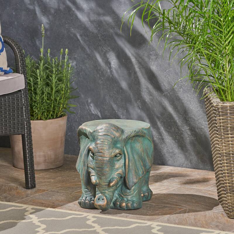 Roomfitters Elephant Garden Stool, Weather-Resistant Lightweight Concrete Decorative Accent Table, Bronze