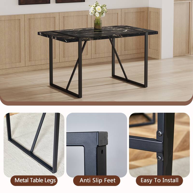 Table and chair set,Modern Marble Pattern MDF Dining Set - with 4 PU chairs with a vertical stripe design on the backrest