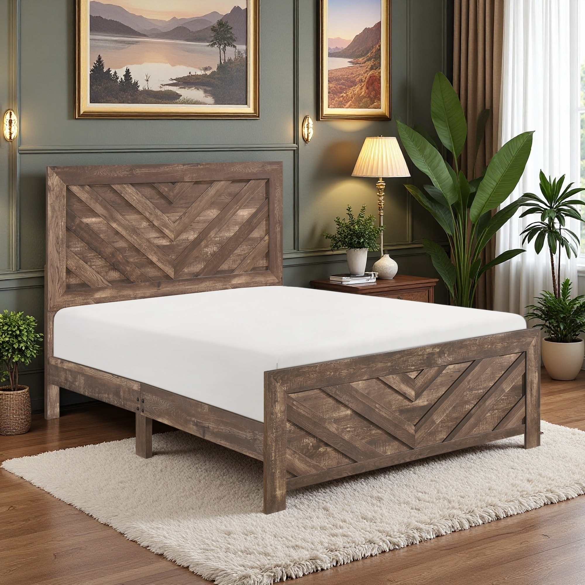 Queen Size Wood Panel Bed with Contemporary Rustic Design