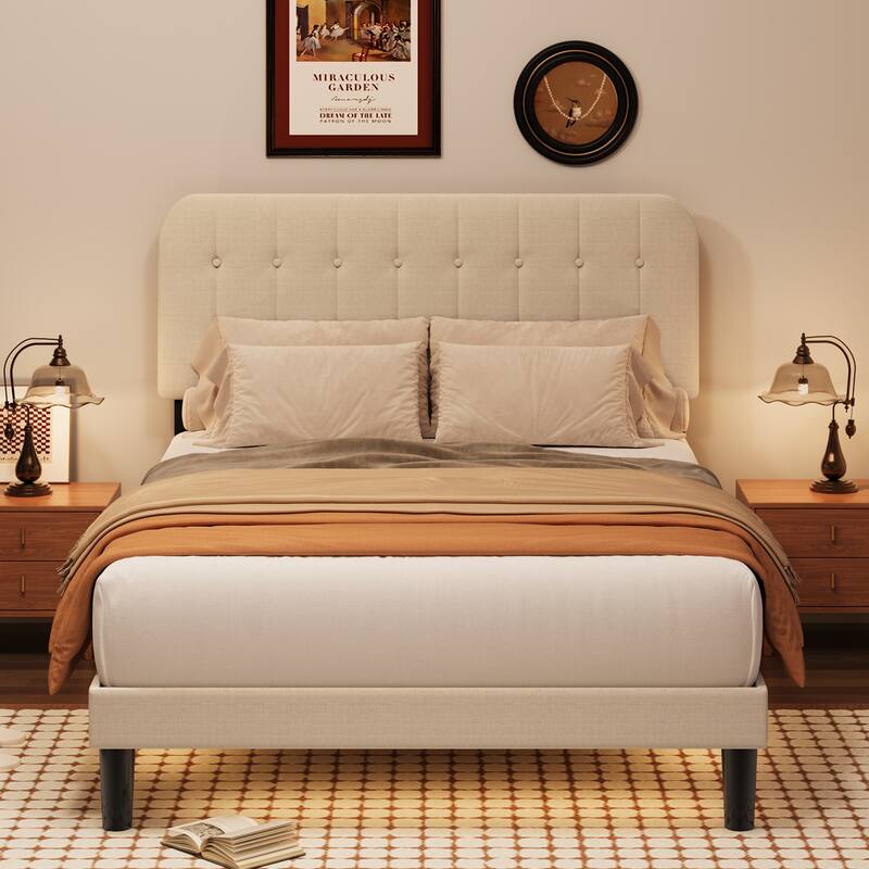 Full / Queen / King Bed Frame with Headboard, Upholstered Platform Bed with Sturdy Wooden Slats