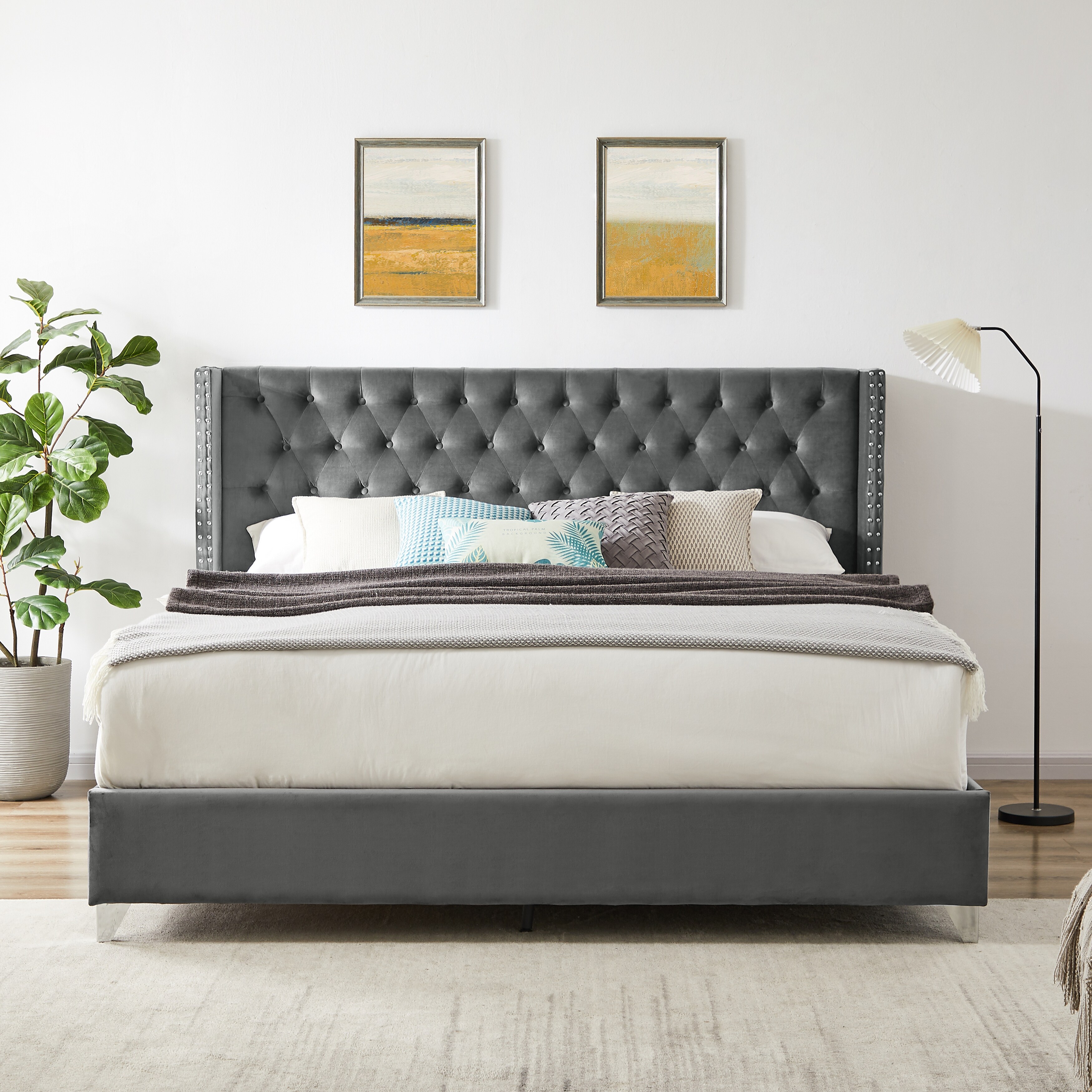 Modern Velvet Upholstered Bed with Button Designed Headboard and Strong Wooden Slats Easy Assembly King Size
