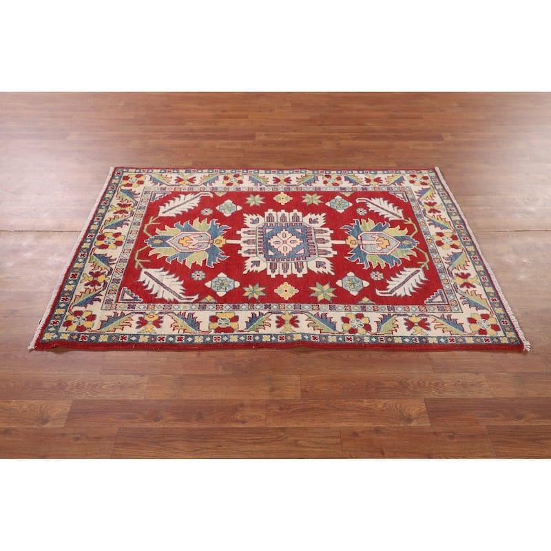 Traditional Kazak Foyer Rug Handmade Red Geometric Wool Carpet - 3'5" x 5'1"