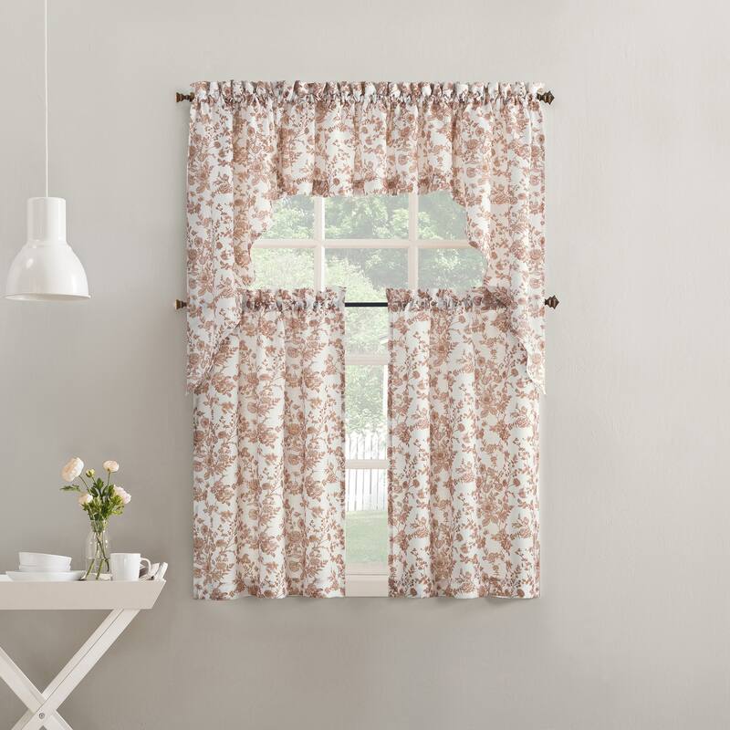 No. 918 Elara 2-Piece Tonal Botanical Semi-Sheer Rod Pocket Kitchen Curtain Swag Pair