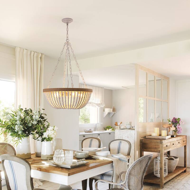 Cusp Barn 5-Light Modern Boho Style Chandelier, 23.6-Inch Oak White Wood Beaded Kitchen Island Pendant Light for Dining Room