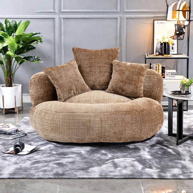Chenille High Back Lazy Sofa with 3 Pillows and Oversized Bean Bag Chair - Coffee