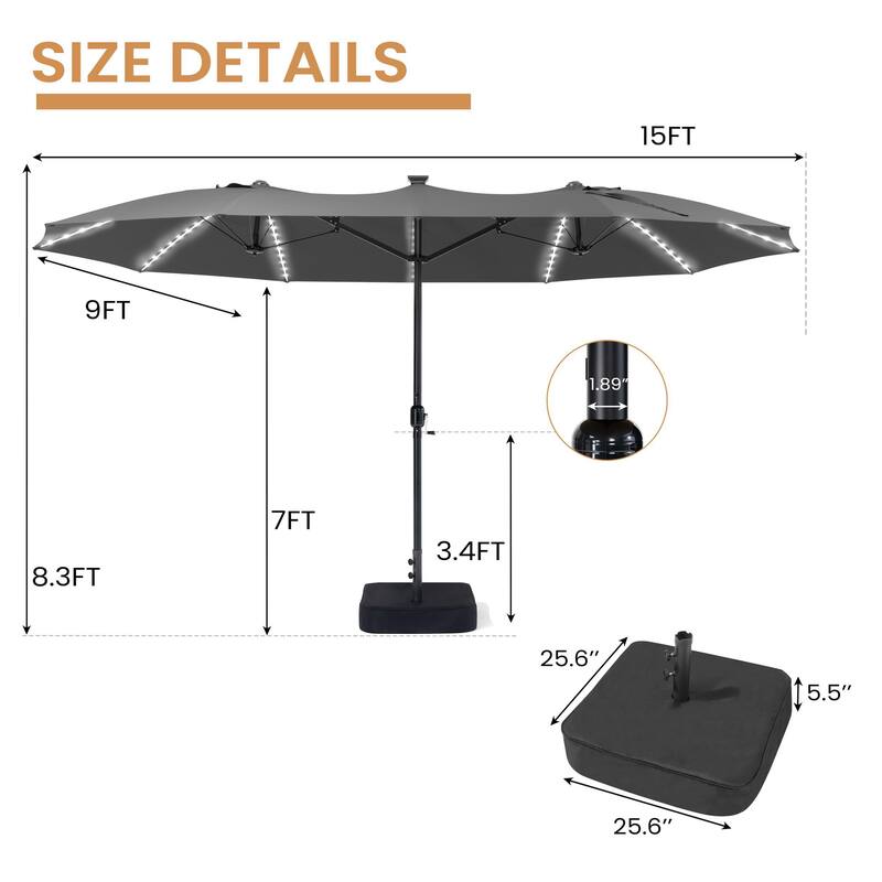 15ft Outdoor Patio Market Umbrella with Base and 144 Solar-Powered Led Lights