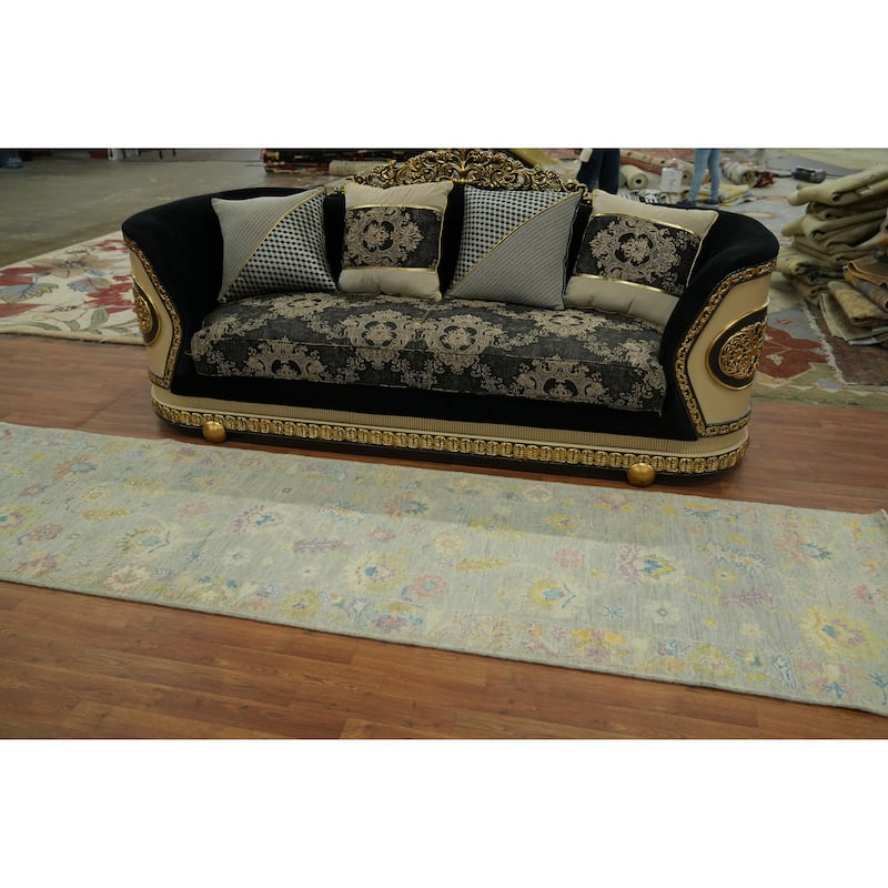 Vegetable Dye Gray Oushak Turkish Runner Rug, Floral Geometric Carpet - 11' 5'' X 3' 1''