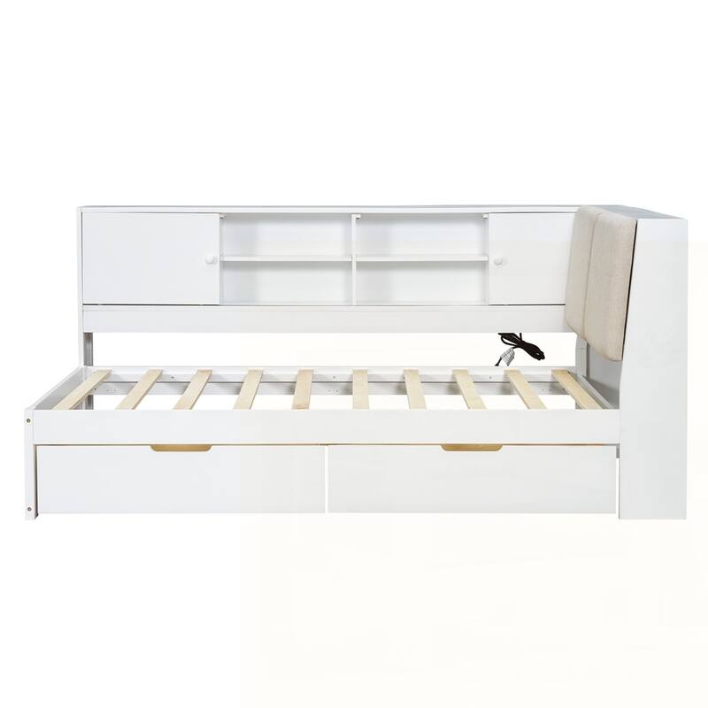 L-shaped Daybed Corner Bed with Storage Bookcase and USB Charging Ports