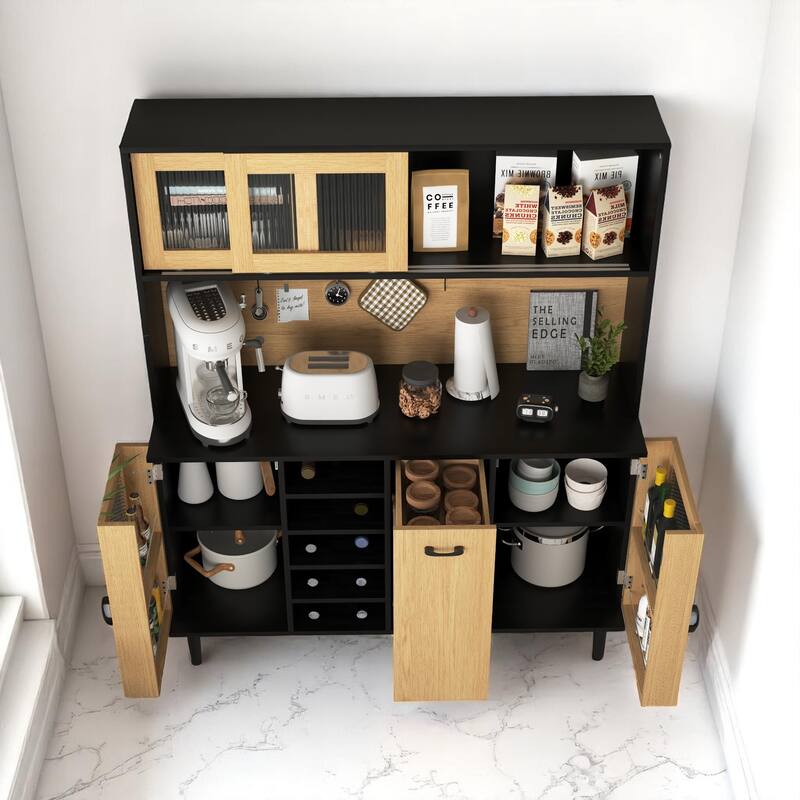 Farmhouse Kitchen Pantry Cabinet 59" High with Power Outlet, Wine Rack, Drawer, and Storage Doors
